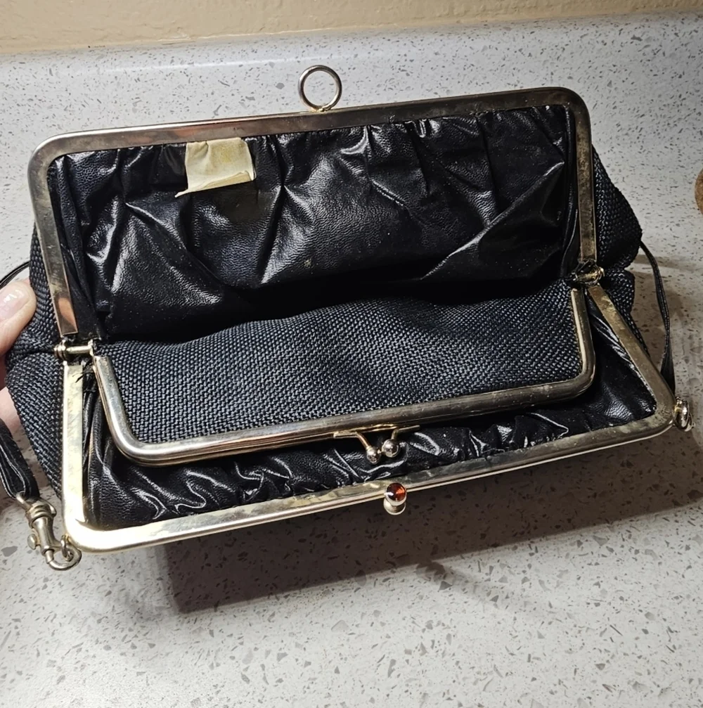 Vintage Italian Structured Frame Purse – Black Woven Fabric & Silvertone Hardwar